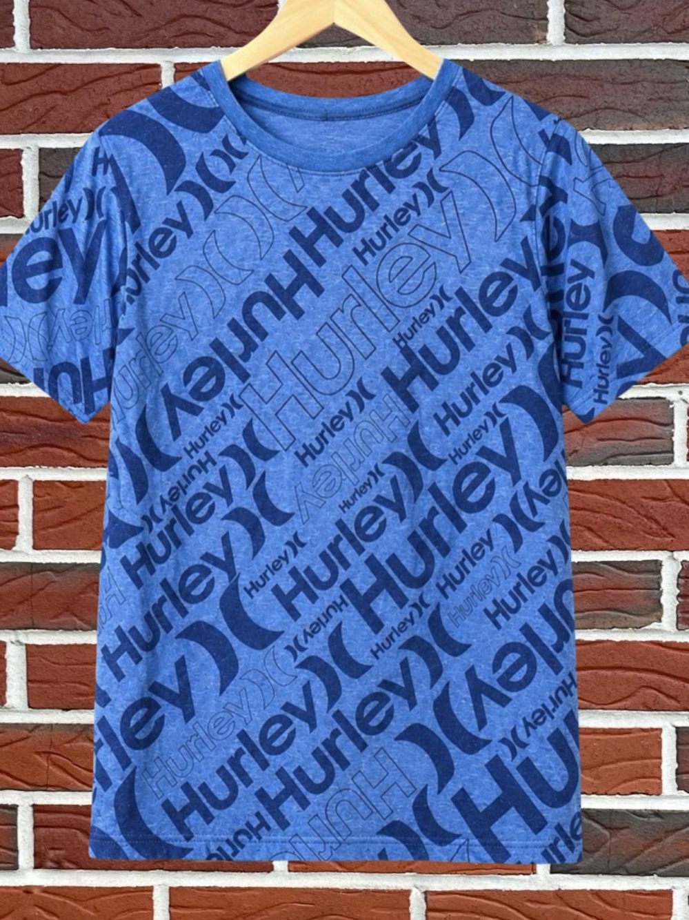 Boys HURLEY Blue Allover Logo Graphic T-Shirt Size L (12–13 Years)